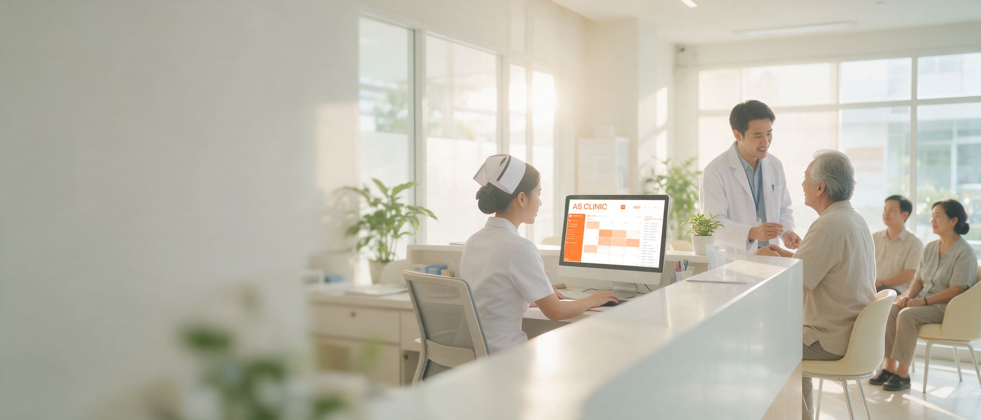 พยาบาลใช้ระบบบริหารจัดการคลินิก AS Clinic ที่เคาน์เตอร์คลินิก