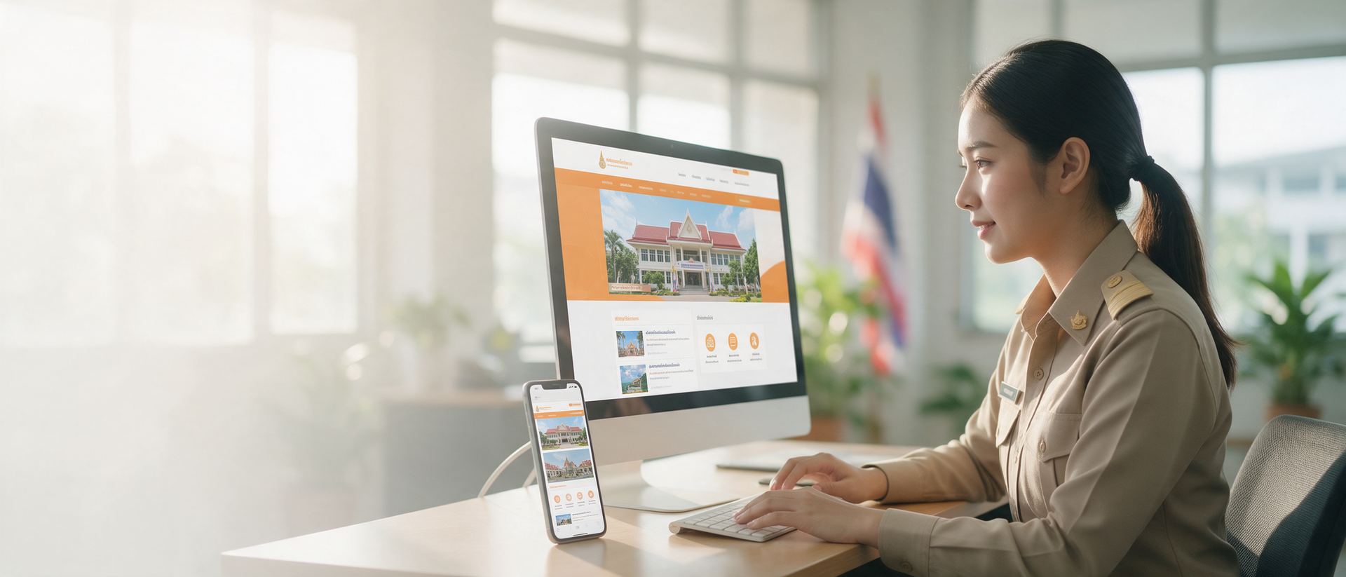 เจ้าหน้าที่ประชาสัมพันธ์เทศบาลอัปเดตเว็บไซต์หน่วยงานบนจอคอมพิวเตอร์